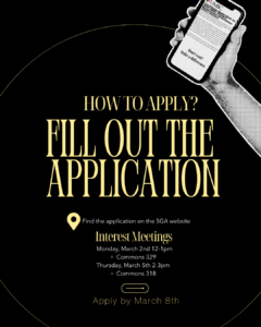 Black background; image of hand holding phone with SGA application on it. Text with SGA dates/times.